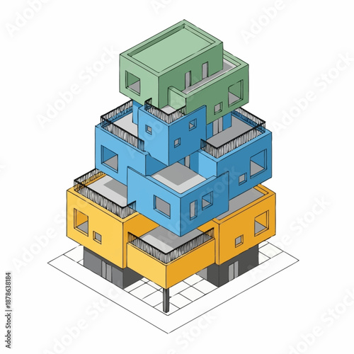 Isometric view of a colorful modular building with stacked blocks.