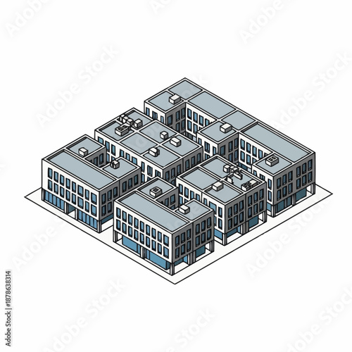 Foto Isometric view of a modern city block with multiple buildings.