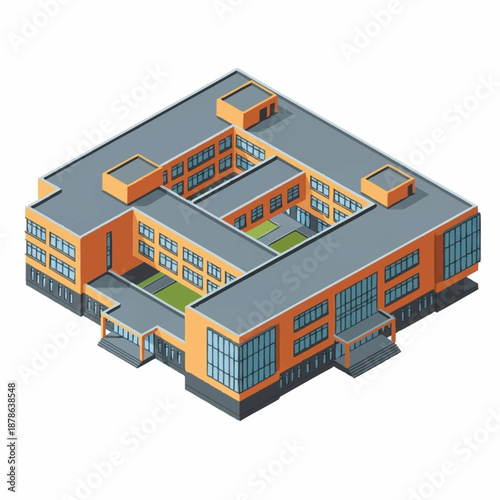 Isometric view of a modern school building with a central courtyard.
