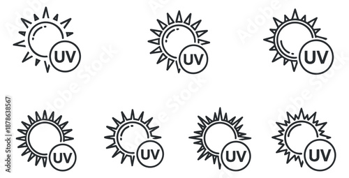 A collection of UV sun icons in black and white outline vector style, suitable for health and safety branding