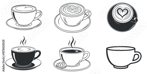 A set of coffee cups with latte art and steaming beverages in black and white outline vector style, ideal for café branding and menus