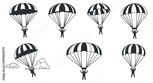 A set of six parachuting icons depicting skydivers with parachutes in black and white vector style, ideal for adventure sports themes