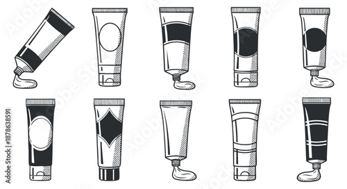 A collection of skincare and cosmetic tubes in black and white outline vector style, suitable for branding and packaging designs