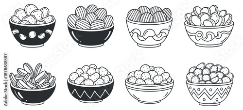 A set of decorative bowls filled with various snacks in black and white minimalist vector style, ideal for food-related designs