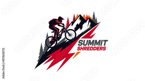 Graphic logo featuring a mountain biker descending a rocky slope with a vibrant, jagged lightning bolt design and the text 'Summit Shredders' below