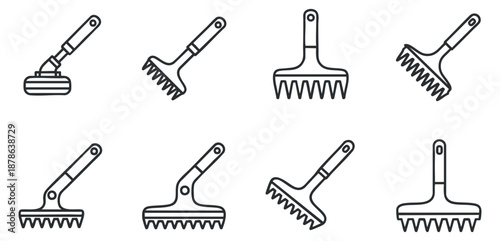 A collection of various rakes in flat outline vector style, suitable for gardening and landscaping projects