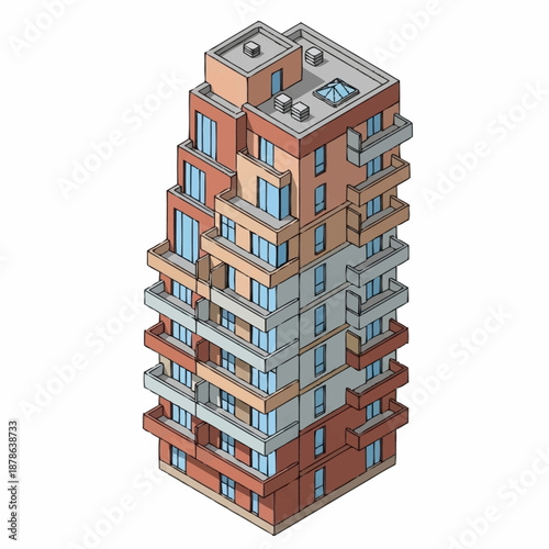 Modern multi-story residential building with balconies and varied facade.