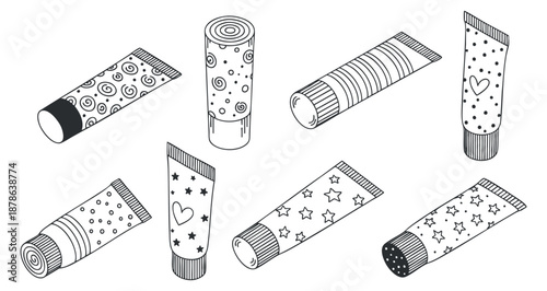 A collection of eight decorative cosmetic tubes with various patterns in black and white outline style, suitable for beauty branding and packaging design
