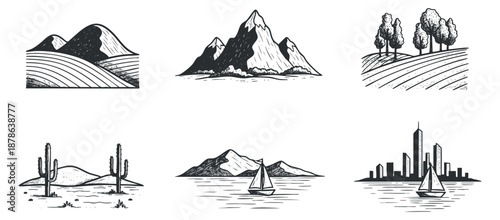 A collection of diverse landscapes including mountains, trees, cacti, and city skyline in minimalist black and white vector style, ideal for nature-themed projects