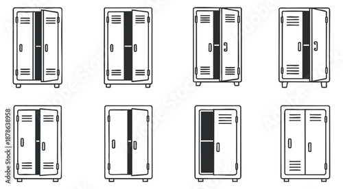 A collection of lockers in various configurations and styles in black and white outline vector format, suitable for school and office designs