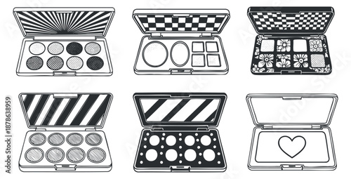 A collection of six makeup palettes in black and white line art vector style, perfect for beauty and cosmetics branding