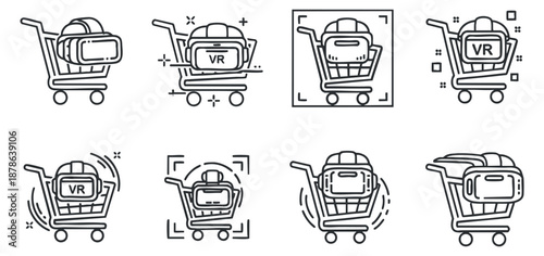 A set of shopping cart icons featuring virtual reality headsets in minimalist line art vector style, ideal for e-commerce and technology applications