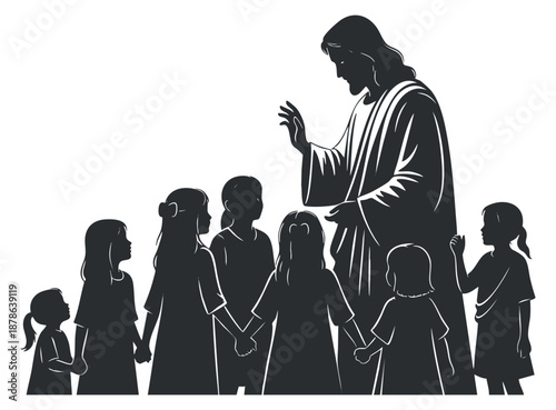 A silhouette of Jesus teaching a group of children in black and white vector style, ideal for religious illustrations and spiritual themes