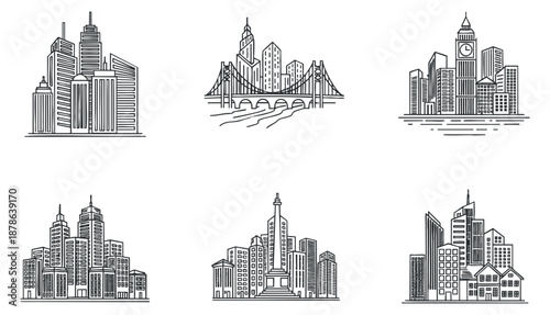A collection of city skyline illustrations featuring modern buildings and landmarks in black and white outline vector style, suitable for urban design projects