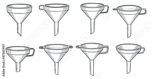 A collection of eight funnel illustrations in detailed black and white outline vector style, suitable for kitchen design and cooking graphics