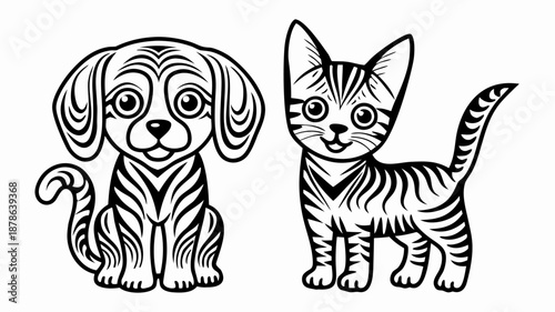 Cute cartoon dog and cat illustrations in black and white