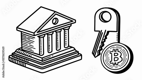 Bank building with bitcoin key for secure cryptocurrency access