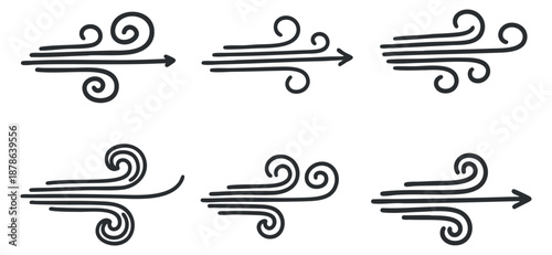 A set of swirling wind icons with arrows in minimalist black vector style, perfect for nature-themed designs and illustrations