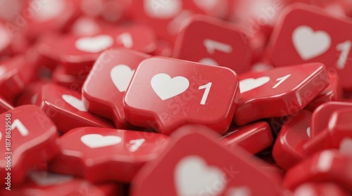 A close-up view of numerous red social media notification icons with white hearts and the number one, symbolizing likes and engagement.