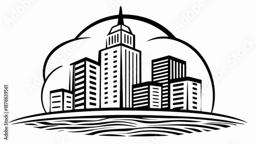 Modern cityscape with skyscrapers under a stylized sky