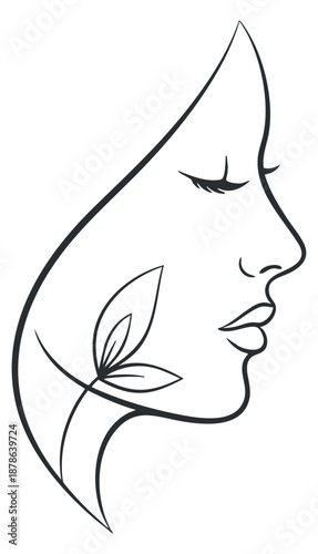A minimalist line art illustration of a woman's face with leaves, portraying beauty and nature, suitable for wellness branding