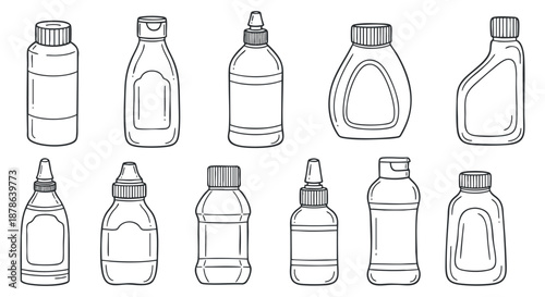 A collection of various condiment and sauce bottles in a clean outline vector style, suitable for food packaging and graphic design