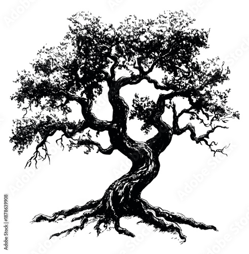 Hand drawn line art illustration of a gnarled tree depicting its intricate branches and exposed roots for natural and rustic designs