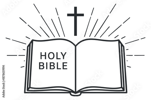 An open Holy Bible with rays of light and a cross in minimalist outline vector style, perfect for religious themes and spiritual projects