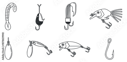 A collection of fishing lures and hooks in black and white vector style, suitable for fishing enthusiasts and outdoor design