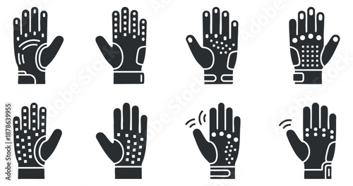 A set of various hand gesture icons in black and white vector style, ideal for technology and wearable device design