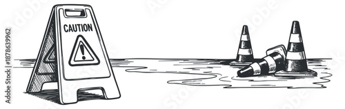 A caution sign with a wet floor hazard and traffic cones in black and white sketch vector style, ideal for safety signage and construction projects