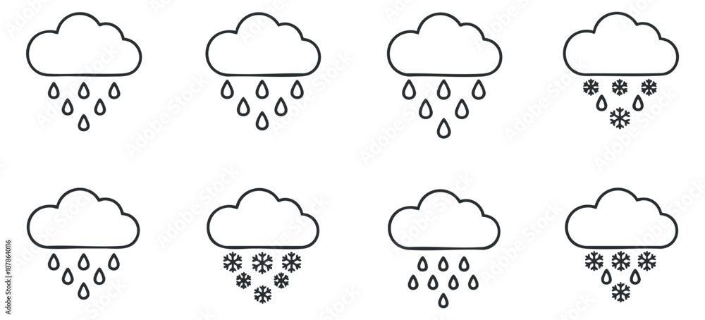 Obraz premium A set of weather icons depicting rain and snow in minimalist outline vector style, suitable for weather forecasts and apps