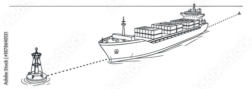 A cargo ship with containers sailing in the ocean near a lighthouse in minimalist outline vector style, suitable for maritime themes and logistics