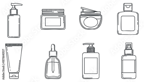 A collection of various cosmetic and skincare bottles in minimalist outline vector style, ideal for beauty product branding and design