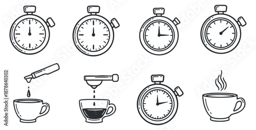 A set of coffee brewing process icons featuring timers and cups in black and white outline vector style, perfect for culinary graphics and kitchen design