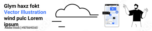 Cloud computing, user interaction, digital communication, mobile technology, online services, networking. Minimalistic cloud, smartphone with messaging interface and user gesturing icons. Cloud