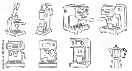 A collection of various coffee machines in outline sketch vector style, suitable for culinary and beverage branding