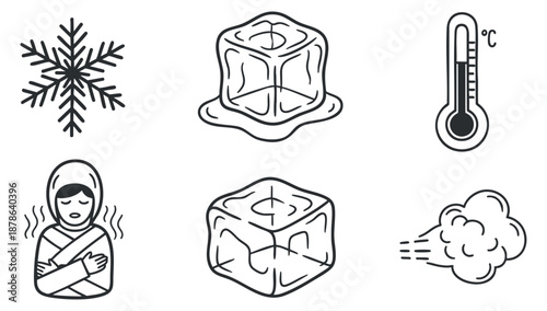 A collection of winter-themed icons including a snowflake, ice cube, thermometer, and a person wrapped for warmth in minimalist vector style, suitable for health and weather-related projects
