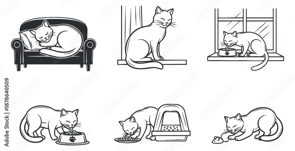 Fototapeta A collection of six cute cat illustrations in black and white line art style, perfect for pet-related designs