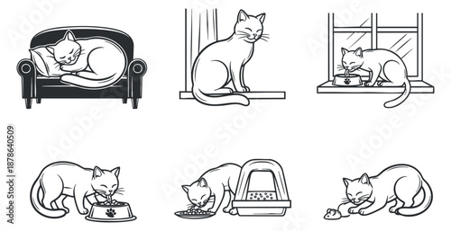 A collection of six cute cat illustrations in black and white line art style, perfect for pet-related designs