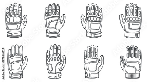 A collection of various hand gloves in outline vector style, suitable for sports, safety, and workwear designs