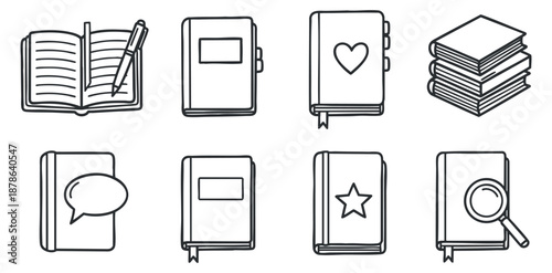 A collection of various notebook and journal icons in a simple black and white outline vector style, ideal for educational and creative projects