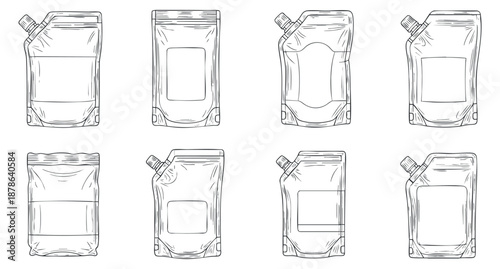 A collection of various pouch packaging designs in clean outline vector style, perfect for product labeling and branding