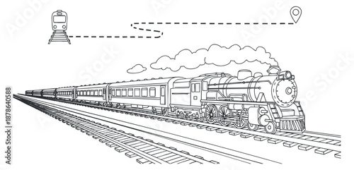 A vintage steam locomotive on railroad tracks in black and white outline style, suitable for travel-themed designs