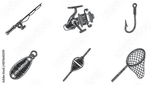 A collection of fishing gear icons including hooks, lures, and nets in black and white hand-drawn vector style, suitable for outdoor sports design