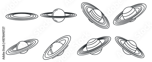 A set of eight Saturn planet illustrations with rings in black and white outline vector style, ideal for educational and astronomical design projects