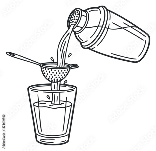 A cocktail shaker pouring a drink through a strainer into a glass in black and white outline vector style, perfect for bar and mixology designs