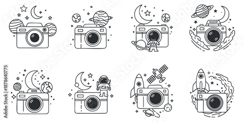 A collection of cameras surrounded by planets, rockets, and astronauts in black and white outline vector style, ideal for space-themed projects
