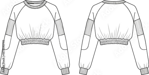 Women cropped sweatshirt technical fashion flat with front back views, raglan sleeves rib cuffs elastic hem details, cad drawing flat vector illustration