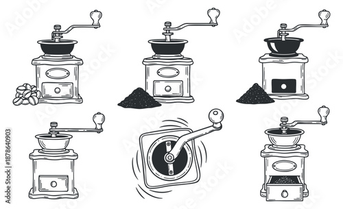 A collection of vintage coffee grinders in black and white vector style, ideal for cafe branding and culinary designs